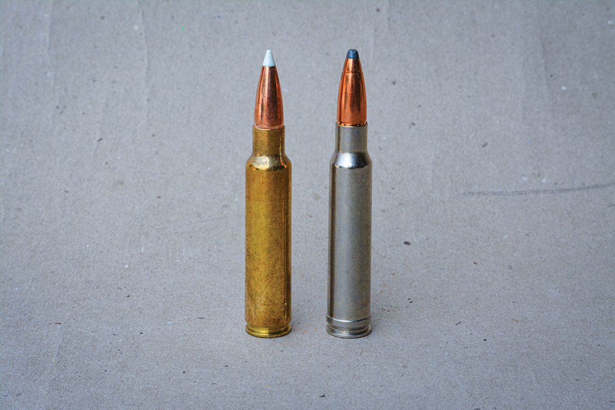 The 338 Winchester Magnum (left) and the 33 Nosler (right) have a maximum overall cartridge length of 3.340 inches, allowing them to function in 30-06 length actions.